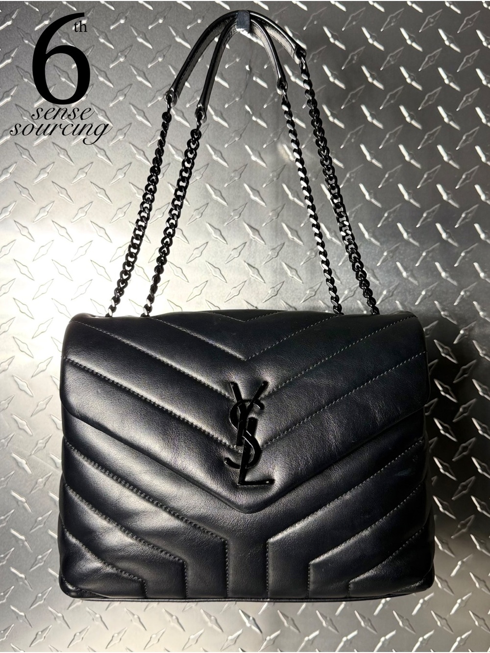 Saint Laurent YSL Quilted Chevron LouLou Small Chain Bag in Black